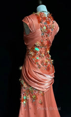 Bright Orange Mermaid V-Neck Satin Beaded Long Formal Prom Dresses Sequined Formal Gown