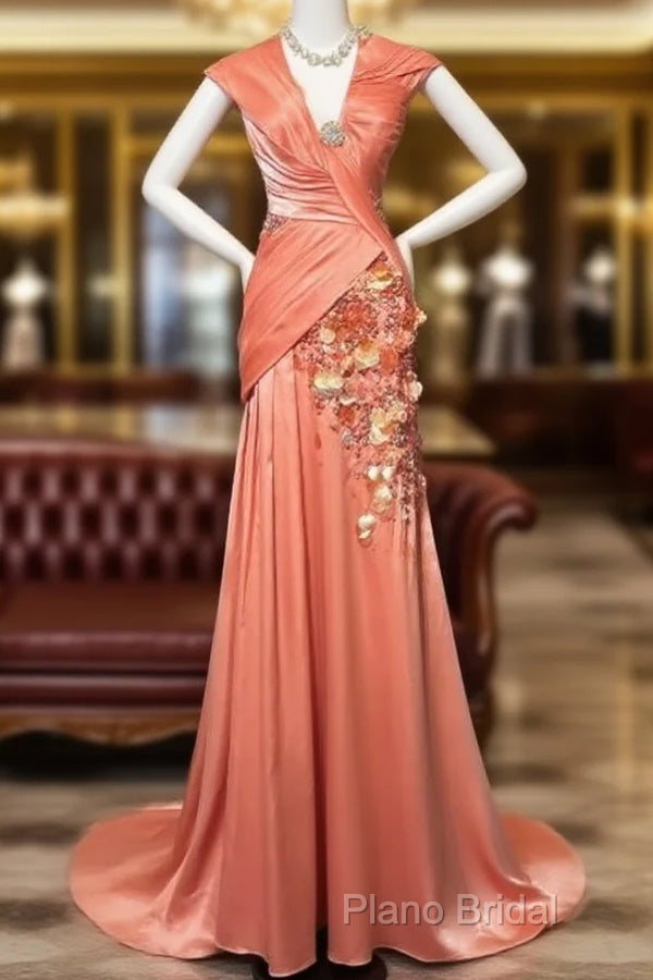 Bright Orange Mermaid V-Neck Satin Beaded Long Formal Prom Dresses Sequined Formal Gown