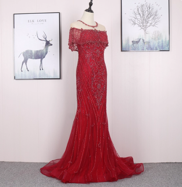 Bright Red Mermaid Crew Neck Beaded Tulle Train Formal Prom Dresses Secondary image