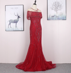 Bright Red Mermaid Crew Neck Beaded Tulle Train Formal Prom Dresses