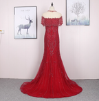 Bright Red Mermaid Crew Neck Beaded Tulle Train Formal Prom Dresses