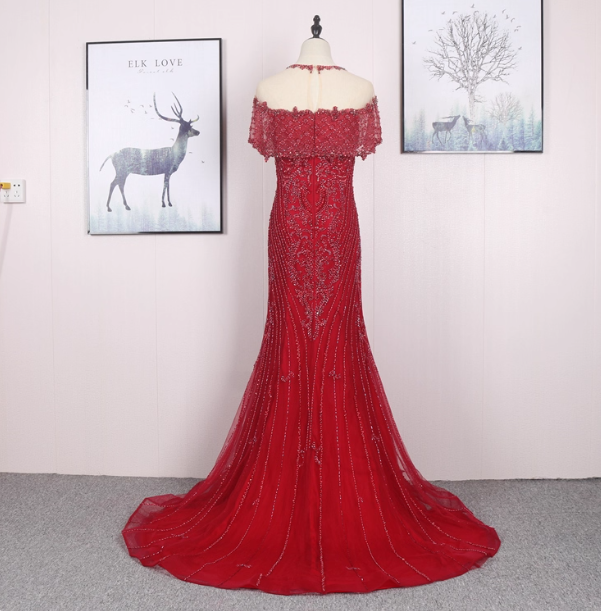 Bright Red Mermaid Crew Neck Beaded Tulle Train Formal Prom Dresses