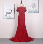 Bright Red Mermaid Crew Neck Beaded Tulle Train Formal Prom Dresses