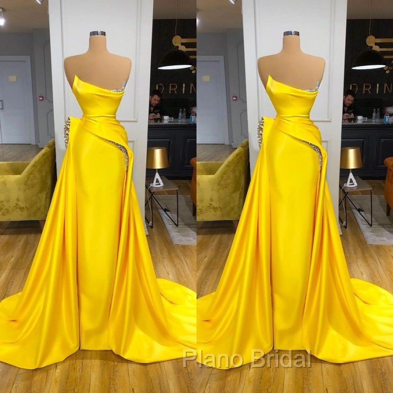 Bright Yellow Strapless Metallic Sequin Overskirt Formal Prom Dresses