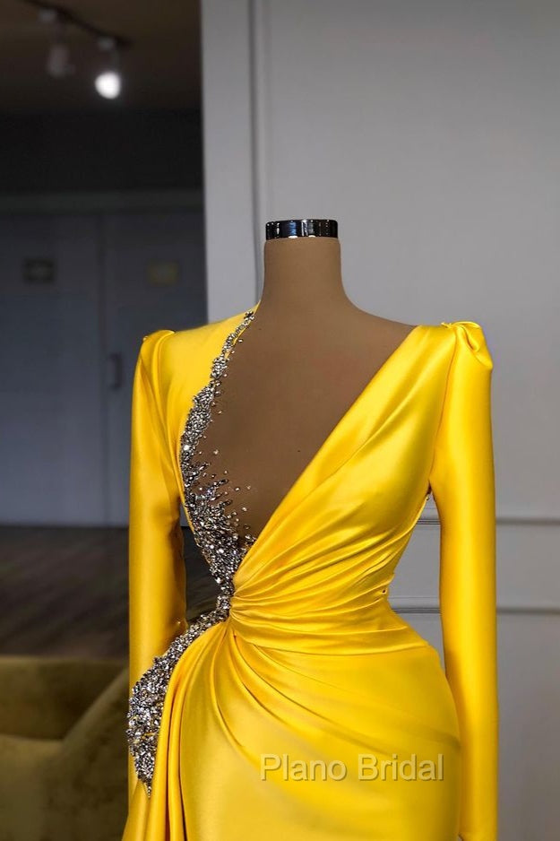 Bright Yellow V-neck Metallic Sequin Long sleeves Formal Prom Dresses Secondary image