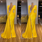 Bright Yellow V-neck Metallic Sequin Long sleeves Formal Prom Dresses
