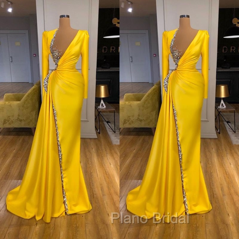 Bright Yellow V-neck Metallic Sequin Long sleeves Formal Prom Dresses