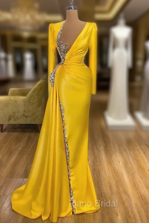 Bright Yellow V-neck Metallic Sequin Long sleeves Formal Prom Dresses