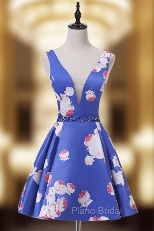 Brilliant Blue Print Homecoming Dresses With Plunge V Neckline Main image