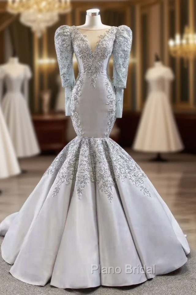 Brilliant Silver Gray Mermaid Satin Long Sleeve Appliques Beading Formal Prom Dresses