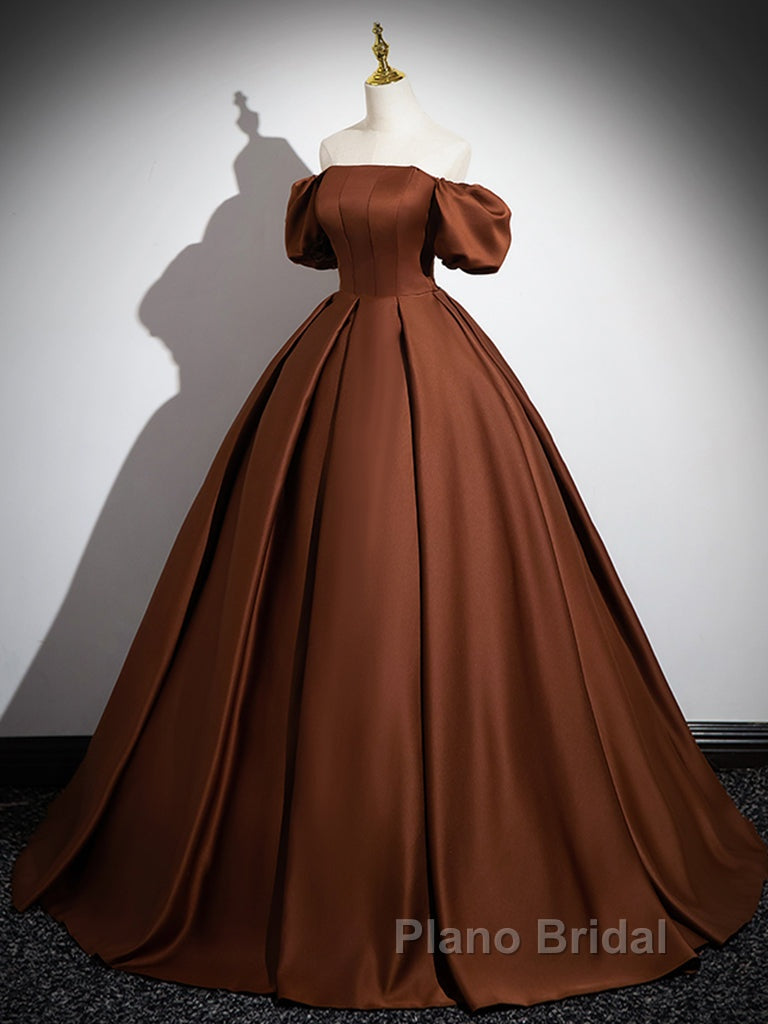 Brown A-Line Satin Long Formal Prom Dresses, Brown Long Formal Dresses