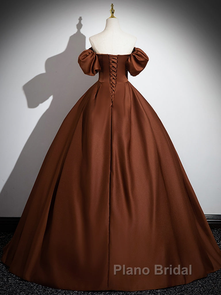 Brown A-Line Satin Long Formal Prom Dresses, Brown Long Formal Dresses