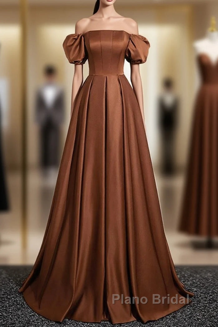 Brown A-Line Satin Long Formal Prom Dresses, Brown Long Formal Dresses Main image