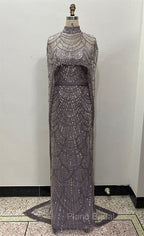 Brown Beading Formal Prom Dresses Sweep Train High Neck Zipper Sleeveless Evening Dresses