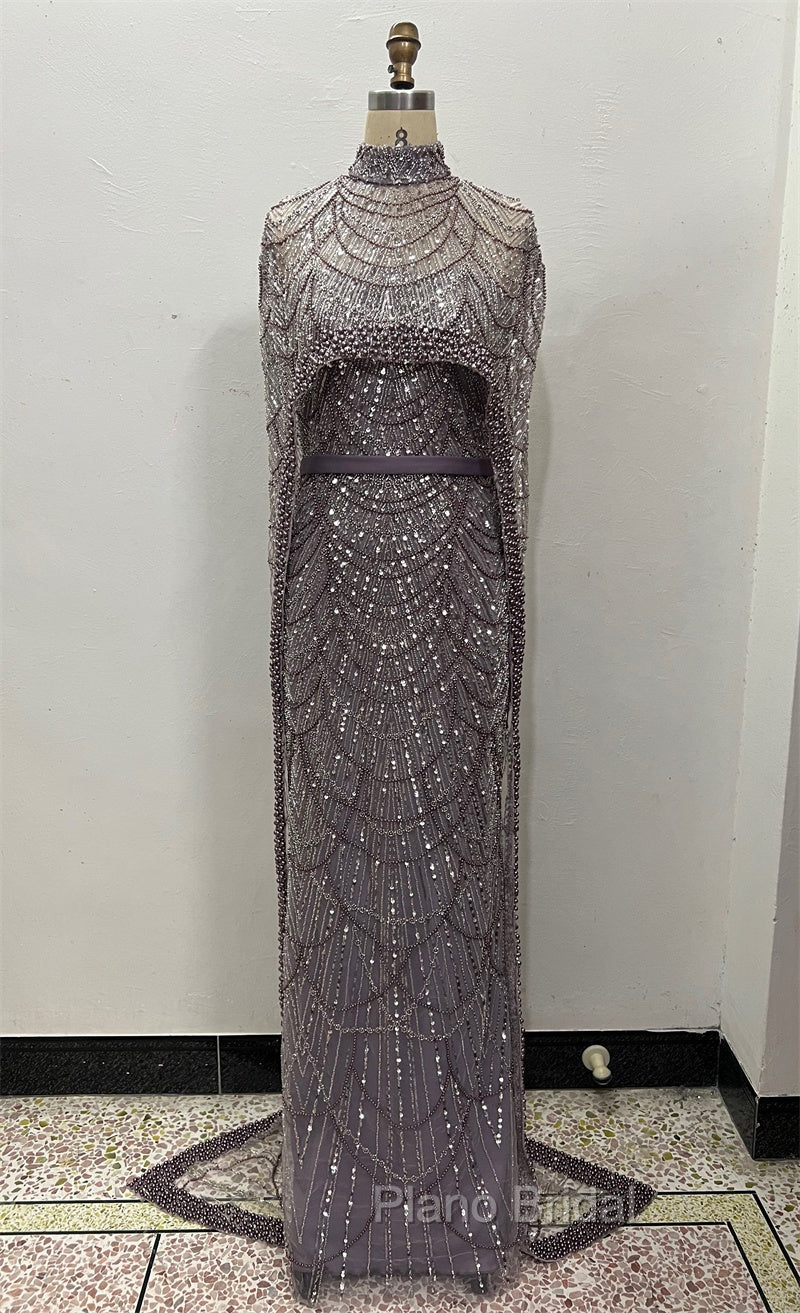 Brown Beading Formal Prom Dresses Sweep Train High Neck Zipper Sleeveless Evening Dresses