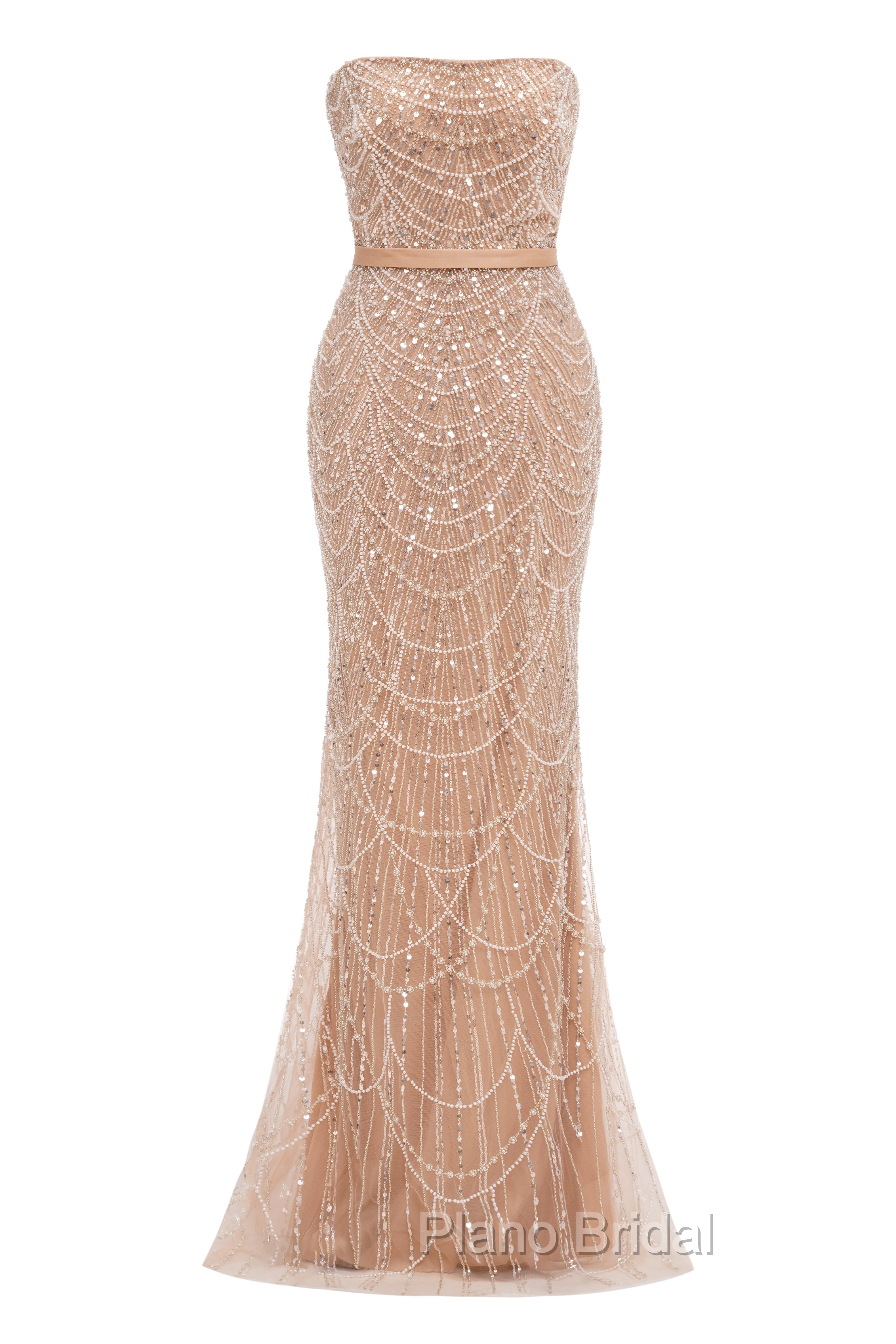 Brown Beading Formal Prom Dresses Sweep Train High Neck Zipper Sleeveless Evening Dresses