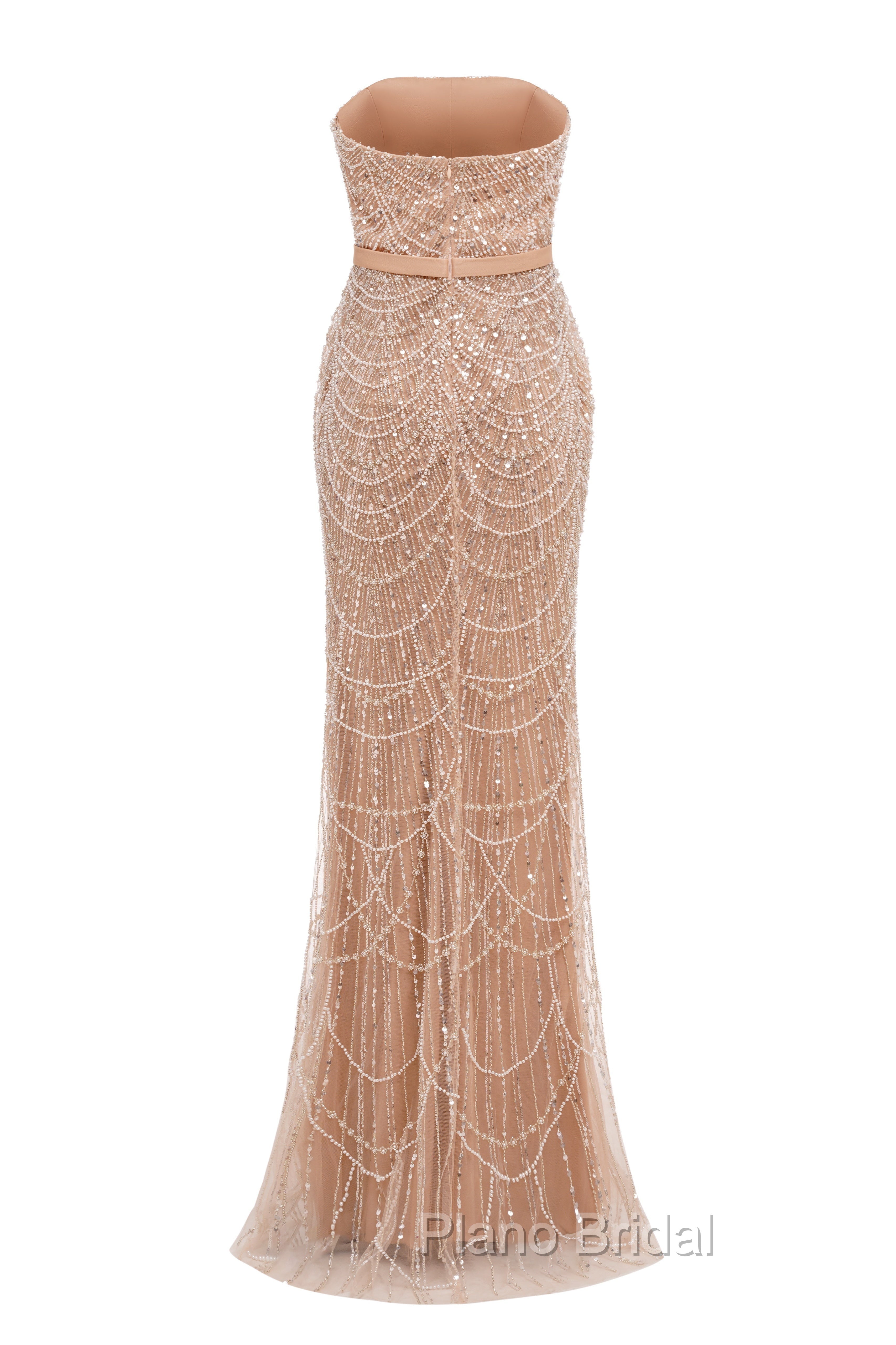 Brown Beading Formal Prom Dresses Sweep Train High Neck Zipper Sleeveless Evening Dresses