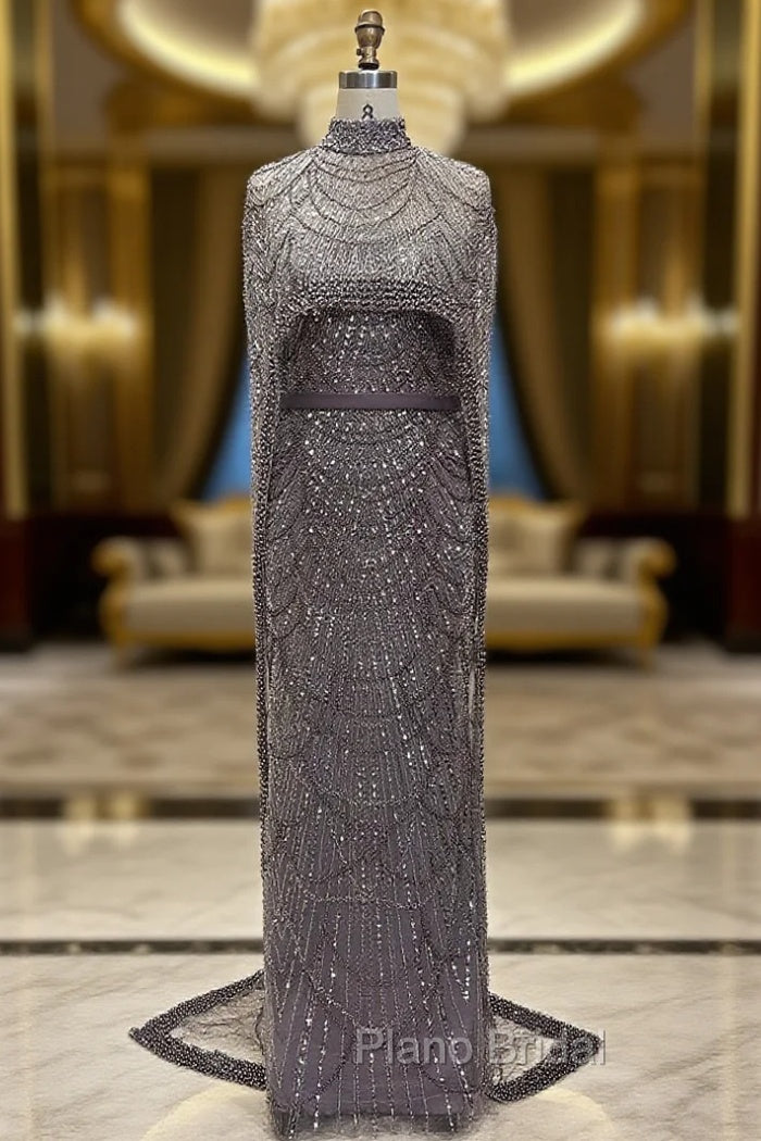 Brown Beading Formal Prom Dresses Sweep Train High Neck Zipper Sleeveless Evening Dresses Main image