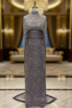 Brown Beading Formal Prom Dresses Sweep Train High Neck Zipper Sleeveless Evening Dresses