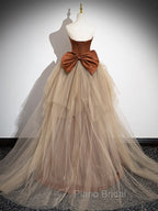 Brown Mermaid Satin Tulle Long Formal Prom Dresses, Brown Long Evening Dresses