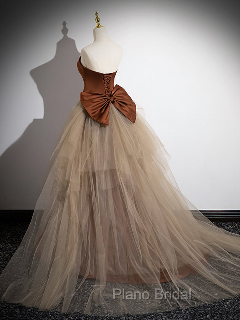 Brown Mermaid Satin Tulle Long Formal Prom Dresses, Brown Long Evening Dresses