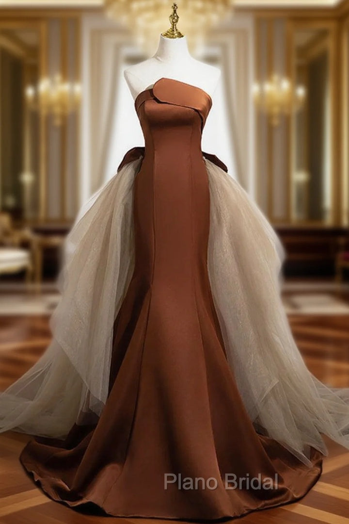Brown Mermaid Satin Tulle Long Formal Prom Dresses, Brown Long Evening Dresses Main image