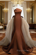 Brown Mermaid Satin Tulle Long Formal Prom Dresses, Brown Long Evening Dresses