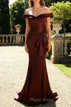 Brown Off The Shoulder Mermaid Satin Formal Dress With Draped Bow