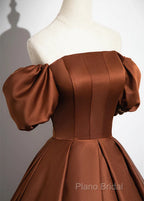 Brown Satin A-Line Short Sleeves Party Dresses, Simple Satin Formal Prom Dresses Formal Dresses