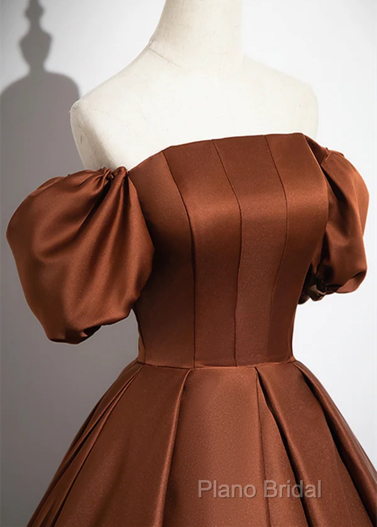 Brown Satin A-Line Short Sleeves Party Dresses, Simple Satin Formal Prom Dresses Formal Dresses
