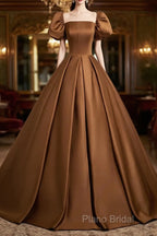 Brown Satin A-Line Short Sleeves Party Dresses, Simple Satin Formal Prom Dresses Formal Dresses