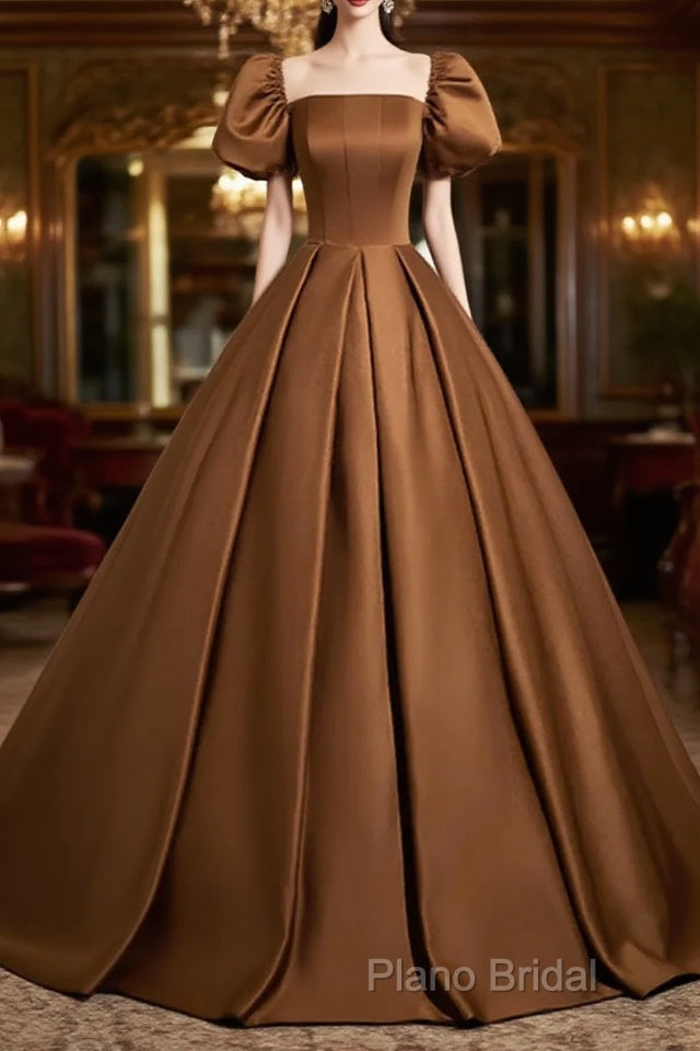 Brown Satin A-Line Short Sleeves Party Dresses, Simple Satin Formal Prom Dresses Formal Dresses Main image