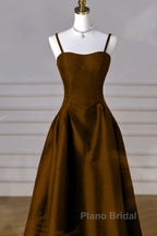 Brown Satin A-Line Sweetheart Long Formal Dresses, Simple Brown Evening Dresses