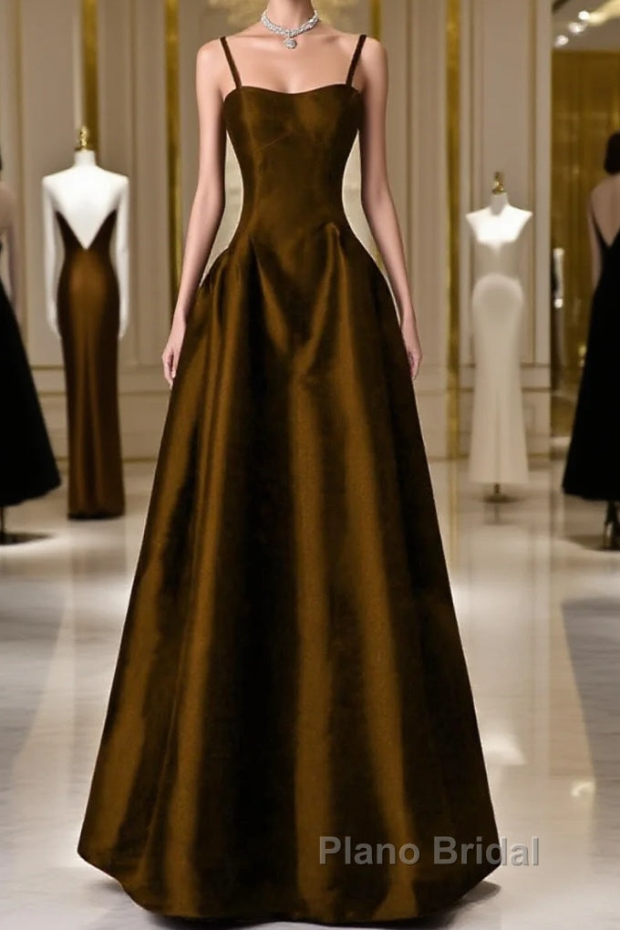 Brown Satin A-Line Sweetheart Long Formal Dresses, Simple Brown Evening Dresses