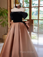Brown Satin And Black Velvet Formal Prom Dresses, Off Shoulder A-Line Party Dresses