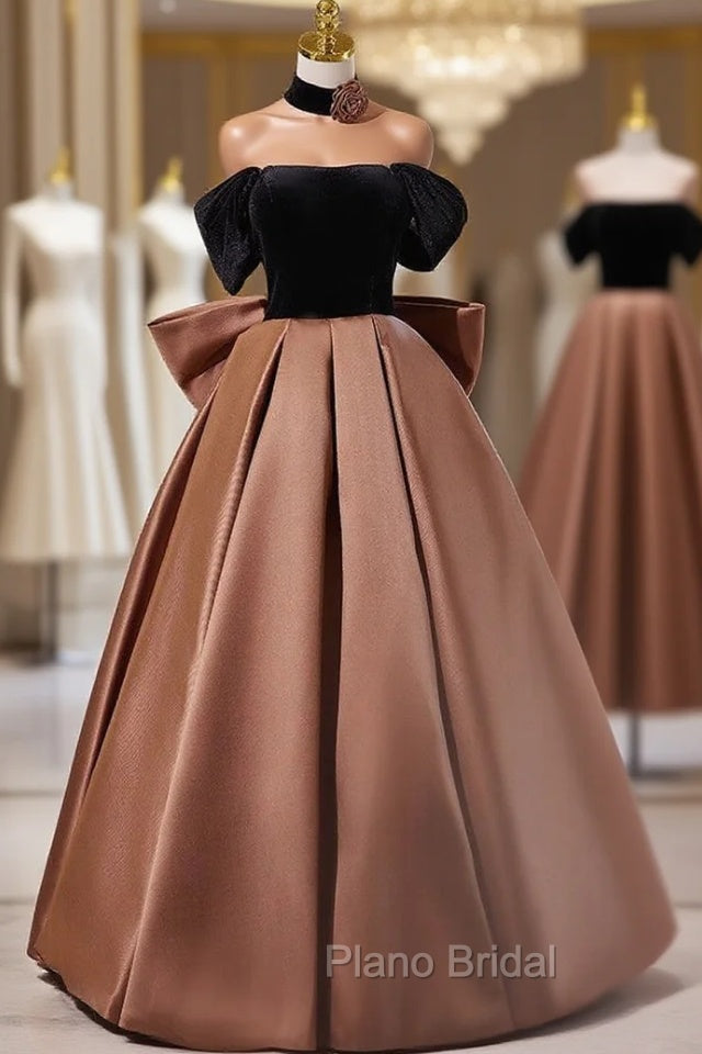 Brown Satin Black Velvet Off the Shoulder Formal Prom Dresses Main image