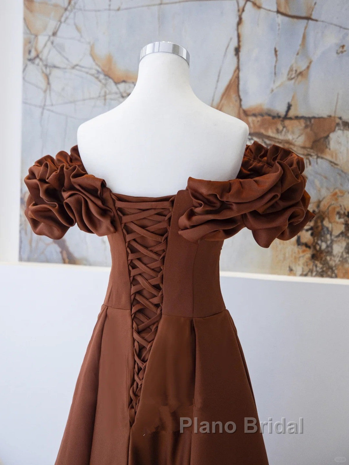 Brown Satin Off Shoulder A-Line Formal Prom Dresses, Brown Satin Evening Dresses Formal Dresses Secondary image