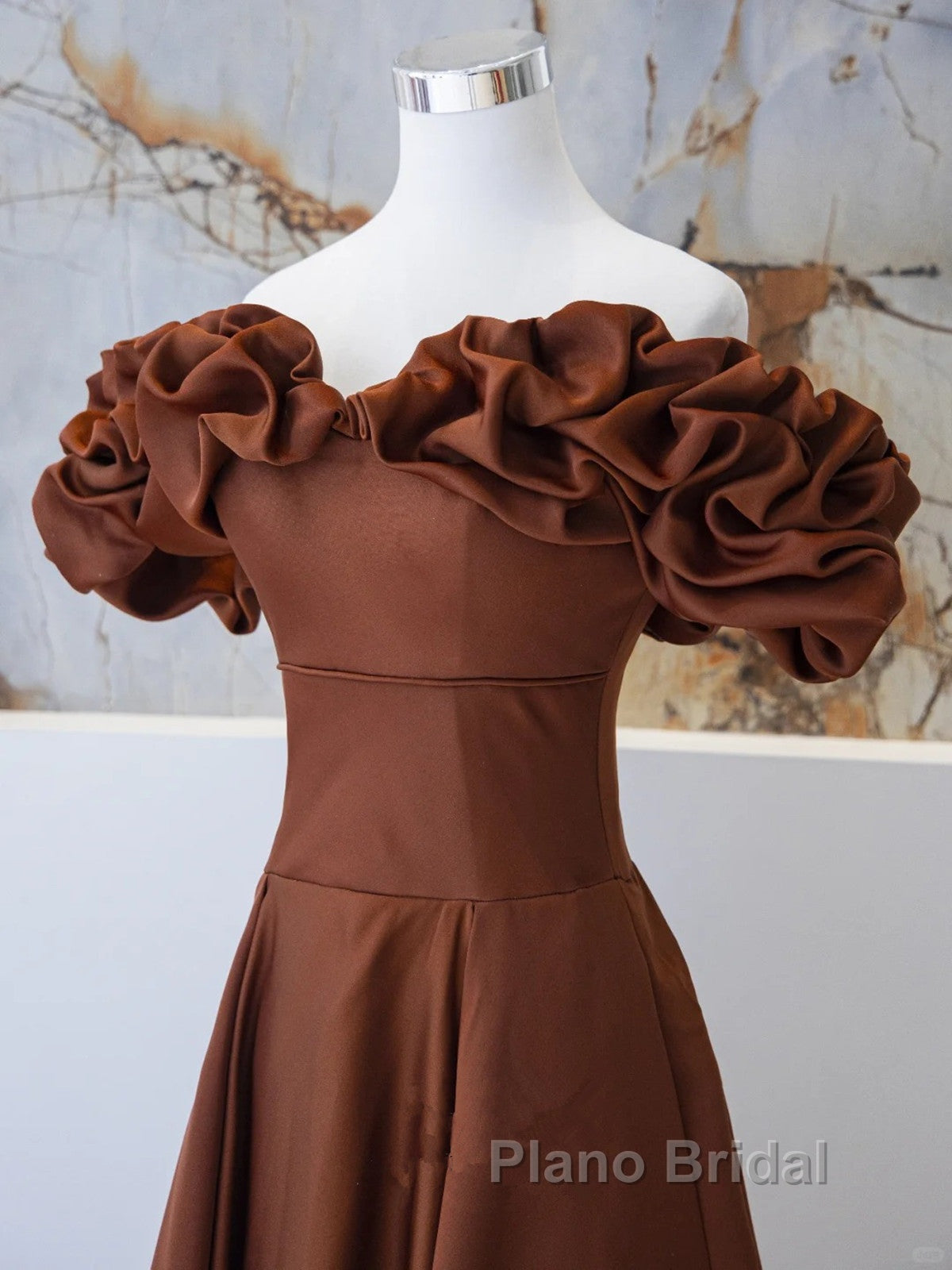 Brown Satin Off Shoulder A-Line Formal Prom Dresses, Brown Satin Evening Dresses Formal Dresses