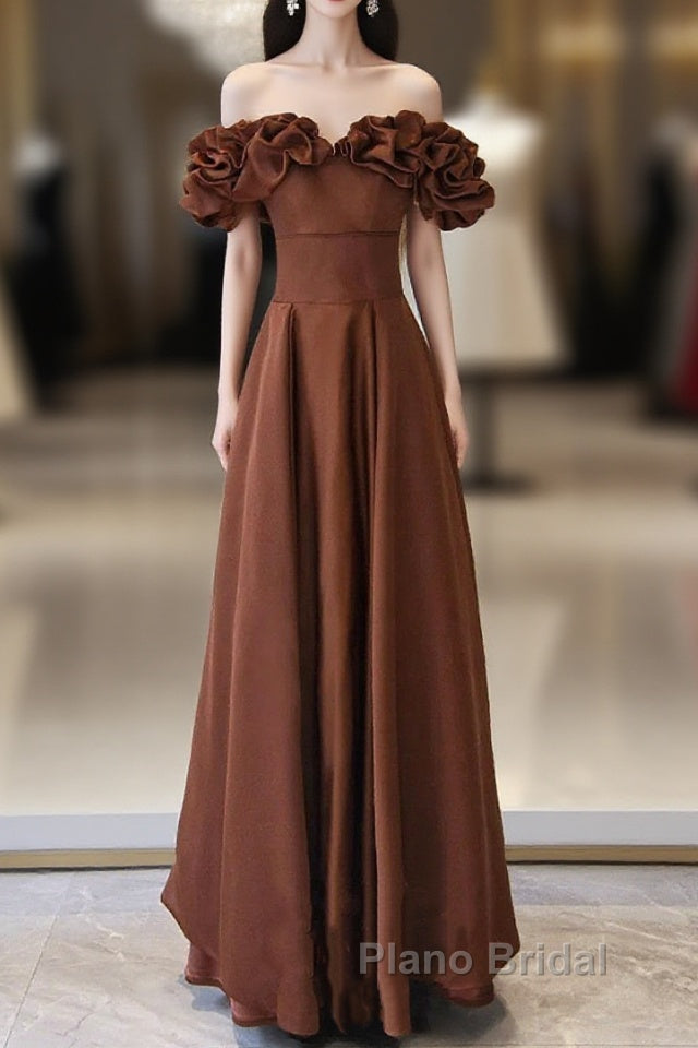 Brown Satin Off Shoulder A-Line Formal Prom Dresses, Brown Satin Evening Dresses Formal Dresses Main image