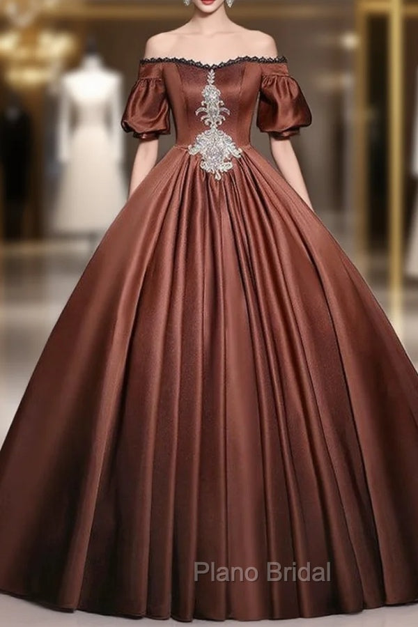 Brown Satin Off the Shoulder Short Sleeve Quinceanera Dresses Main image