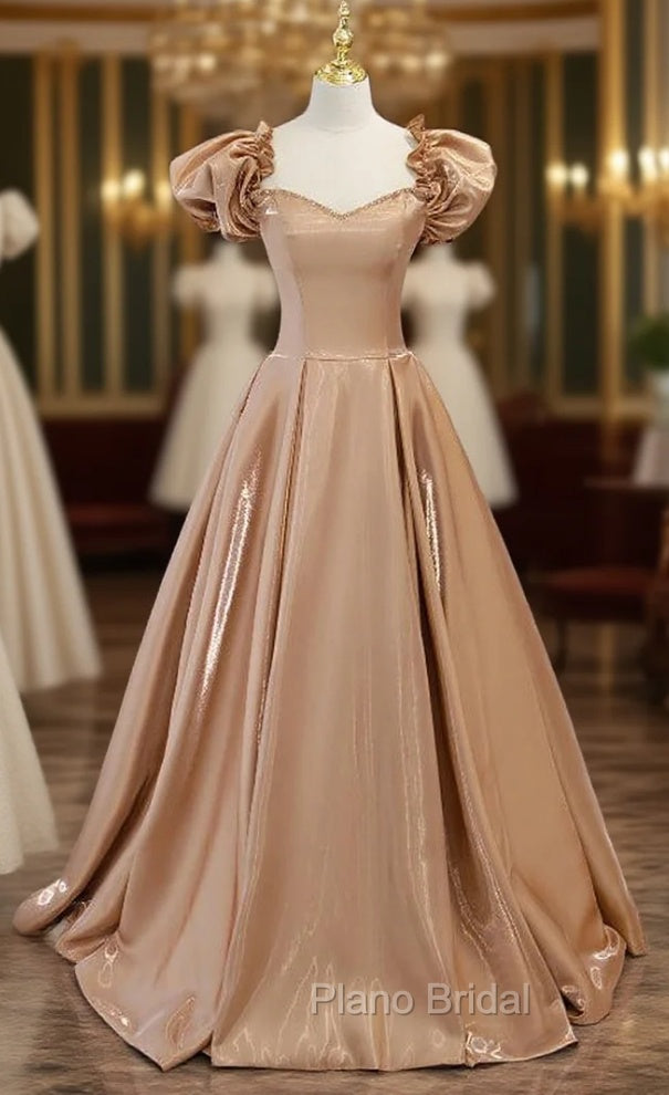 Brown Satin Puff Sleeve Beading Formal Prom Dresses Main image