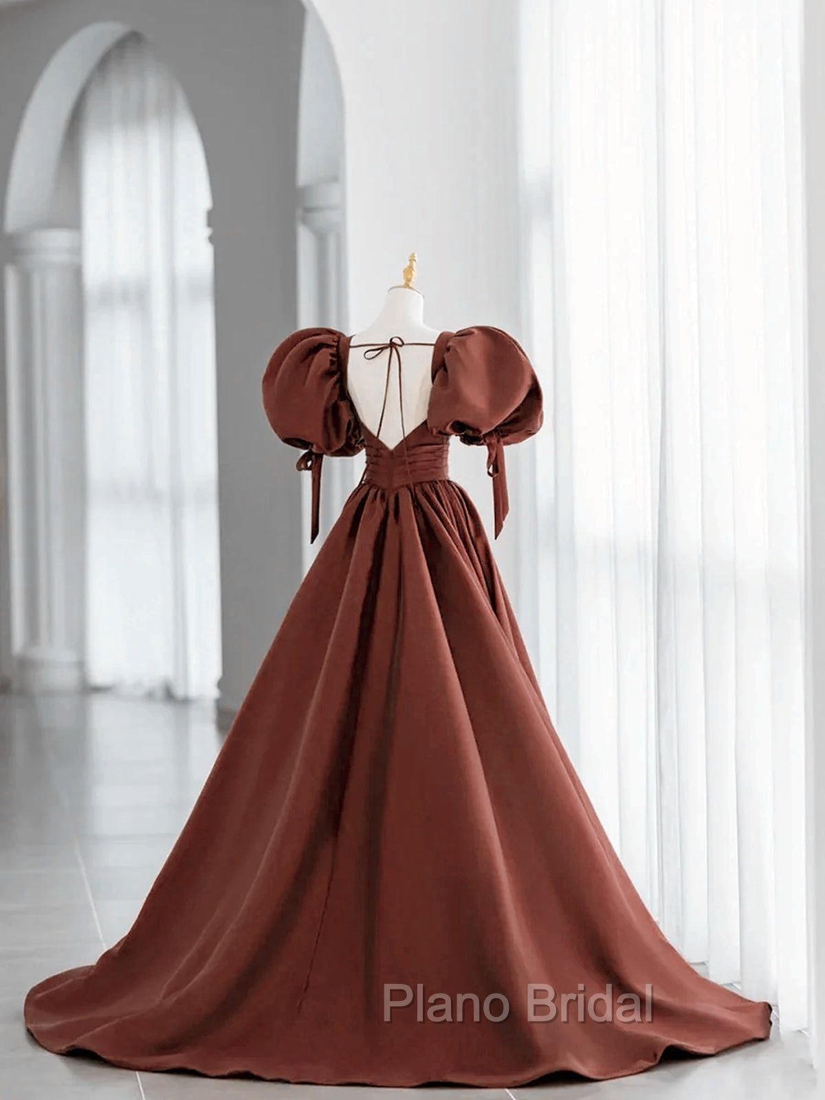Brown Satin Short Sleeves Long Party Dresses, Brown V-neckline Formal Prom Dresses Secondary image