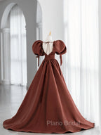 Brown Satin Short Sleeves Long Party Dresses, Brown V-neckline Formal Prom Dresses