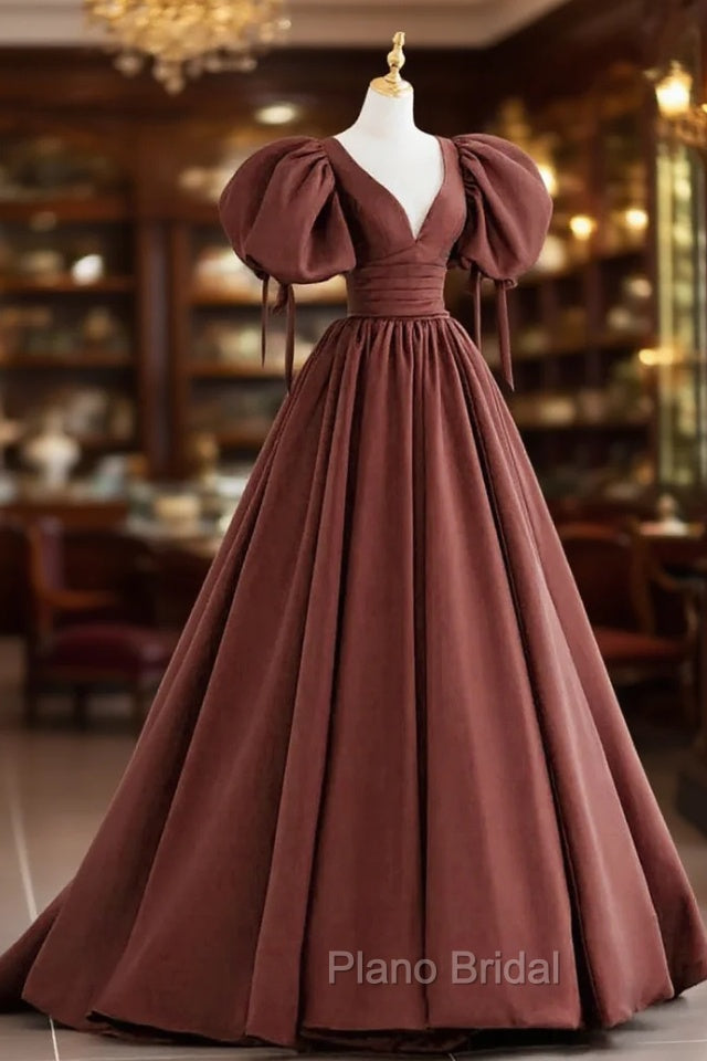 Brown Satin Short Sleeves Long Party Dresses, Brown V-neckline Formal Prom Dresses Main image