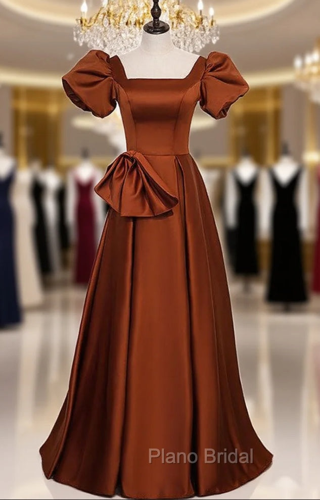 Brown Satin Square Puff Sleeve Bow Formal Prom Dresses Main image