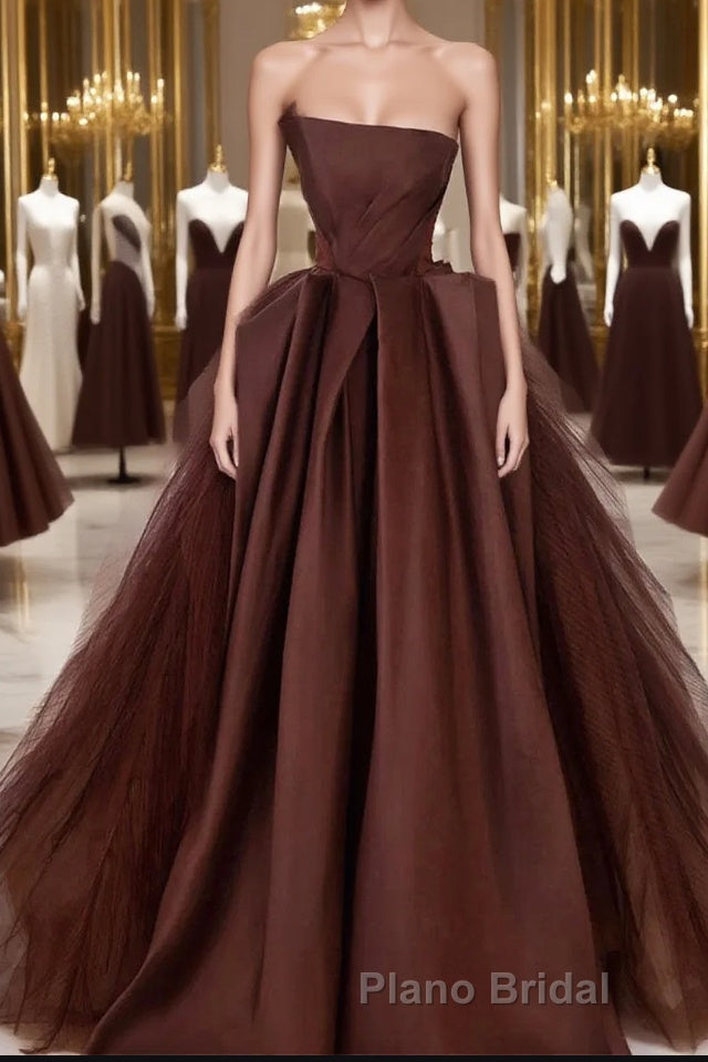 Brown Satin Tulle Long Formal Prom Gown, Brown Long Evening Dresses Main image