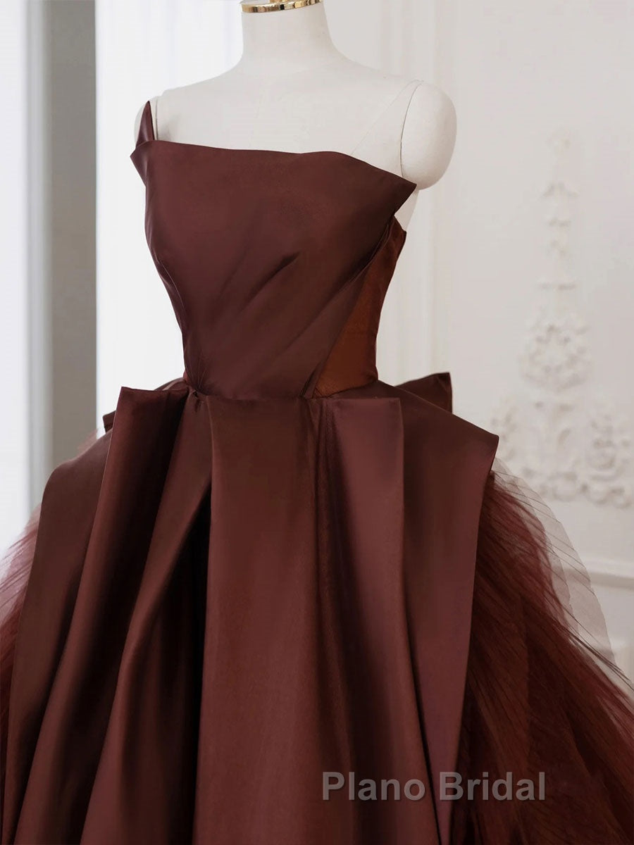 Brown Satin Tulle Long Formal Prom Gown, Brown Long Evening Dresses