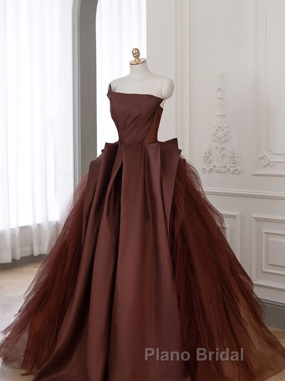 Brown Satin Tulle Long Formal Prom Gown, Brown Long Evening Dresses