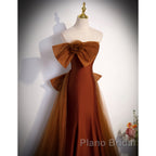 Brown Tulle And Satin Mermaid Long Party Dresses, Long Formal Dresses Formal Prom Dresses