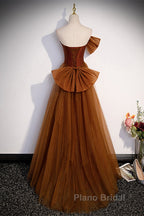 Brown Tulle And Satin Mermaid Long Party Dresses, Long Formal Dresses Formal Prom Dresses